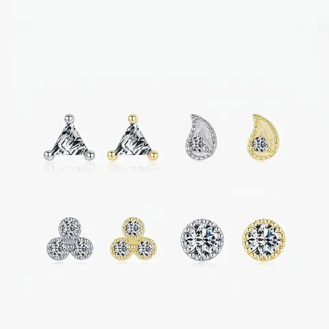 Pendientes de Botón Geométricos de Plata de Ley 925 para Mujer Circonia Brillante Incrustada Pendientes de Triángulo Redondos Bañados en Oro Plata