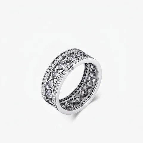 Vintage 925 Sterlingsilber Hohl Geometrischer Ring Damen Pave-Fassung Zirkonia Breiter Ring Modeschmuck Fingerschmuck