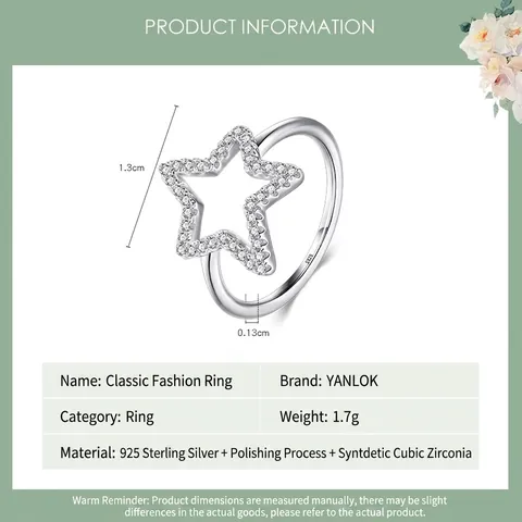Anello Stella in Argento Sterling S925 per Donna Pavé di Zirconia Pentagramma Cavo Anello Aperto Gioielli di Moda Regalo di Compleanno
