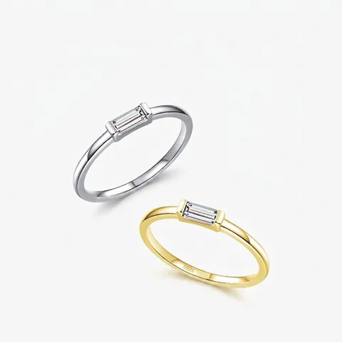 Minimalist 925 Sterling Silver Baguette Rhinestone Ring For Women Dainty Geometric Rectangle Inlaid Finger Ring Jewelry Gift