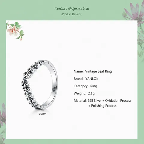 Anello Foglia in Argento Sterling 925 Vintage per Donna Minimalista Ossidato V-Shape Ramo d'Ulivo Anello a Fascia Gioielli