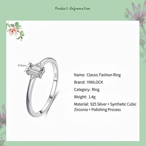 Elegant S925 Sterling Silver Rectangular Zirconia Ring Minimalist Geometric Inlaid Ring For Women Fashion Jewelry Gift