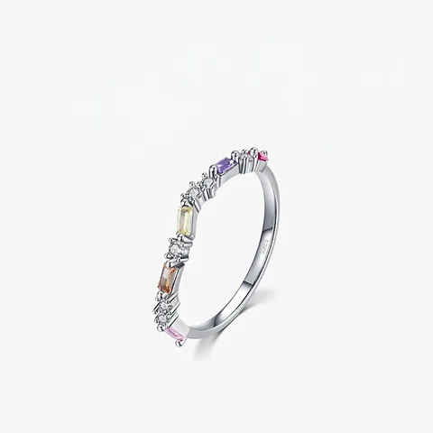 925 Sterling Silver Rainbow Stone Ring For Women Multi Color Baguette Round Rhinestones Pave Ring Fashion Jewelry Finger Ring
