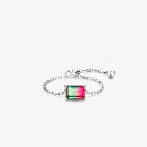 925 Sterling Silber Verstellbarer Kettenring Für Damen Mit Rechteckigem Rosa Grünem Verlauf Wassermelonen Turmalin Edelstein Schmuck
