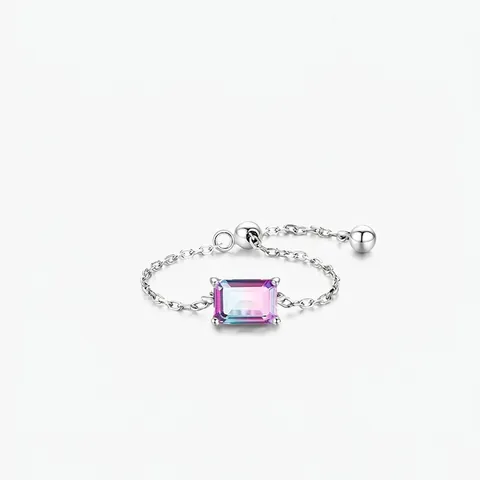 925 Sterling Silver Adjustable Chain Ring Rectangular Gradient Cubic Zirconia Minimalist Sweet Jewelry For Women Everyday