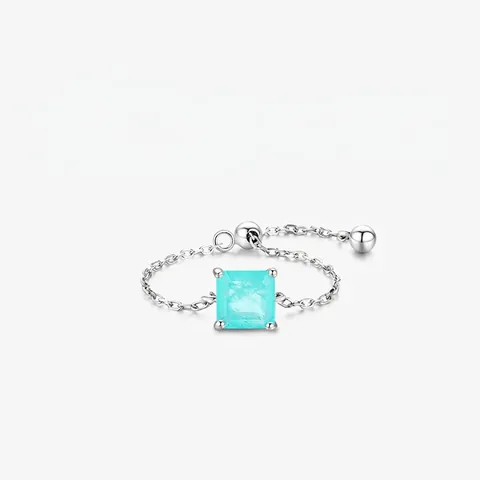Minimalist 925 Sterling Silver Adjustable Chain Ring For Women Square Green Zirconia Imitation Paraiba Tourmaline Fashion Jewelry Finger Ring