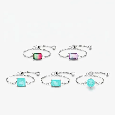 925 Sterling Silver Minimalist Adjustable Chain Ring With Gradient Rectangle Rhinestone Geometric Jewelry For Women Gift