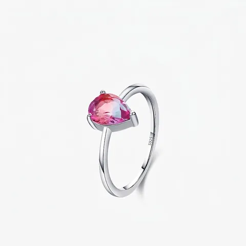 925 Silver Pear Shaped Gradient Rhinestone Ring Watermelon Tourmaline Look Fashion Jewelry Gift For Women Niche Style