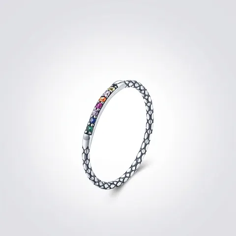 925 Sterling Silver Rainbow Rhinestone Ring For Women Retro Geometric Snake Texture Stackable Finger Ring Fashion Jewelry
