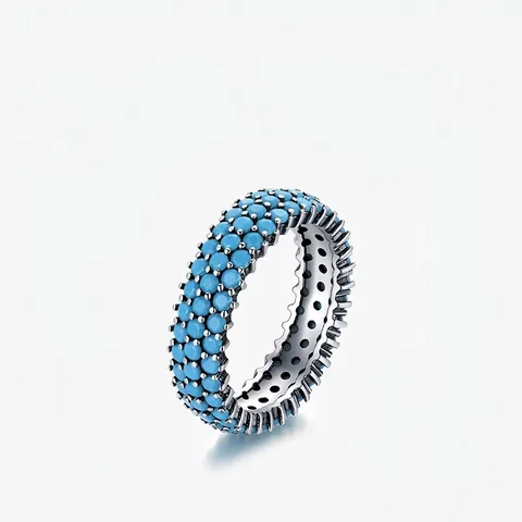 Vintage 925 Sterling Silver 3 Row Pave Turquoise Eternity Ring Minimalist Geometric Inlaid Finger Ring Jewelry For Women