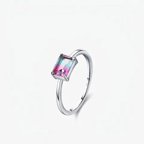 Anello Minimalista in Argento Sterling 925 per Donna Pietra di Tormalina Sfumata Rettangolare Elegante Anello Moda Gioielli