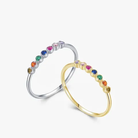 925 Sterling Silver Rainbow Zirconia Ring For Women Korean Style Simple Colorful Stackable Thin Band Geometric Ring Jewelry Gift