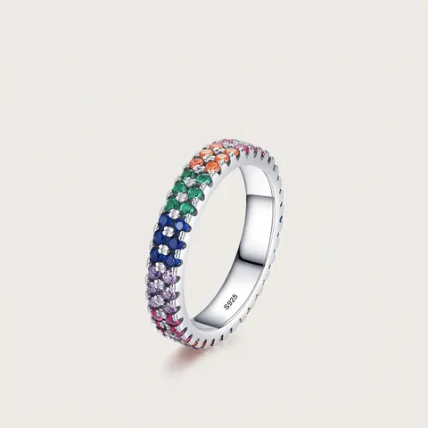 S925 Sterling Silver Rainbow Eternity Ring For Women Multi Color Round Zirconia Pave Band Sweet Fashion Finger Ring Jewelry