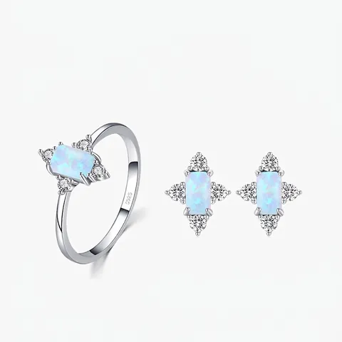 925 Sterlingsilber Synthetischer Opal Schmuckset Für Damen Eleganter Ring Ohrstecker Leichter Luxus Accessoires Geschenk