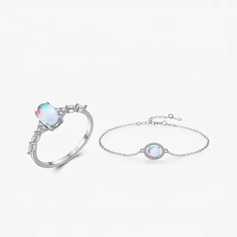925 Sterlingsilber Mondstein Schmuckset Damen Ovaler Mondstein Ring Und Armband Mit Strass Eingelegt Elegante Accessoires