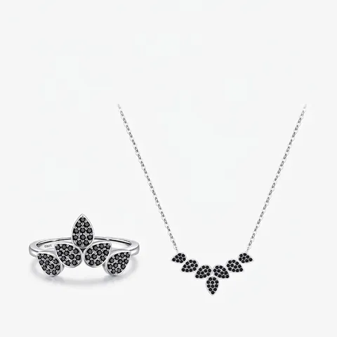 925 Sterlingsilber Blatt Ring Halskette Schwarzer Zirkonia Eingelegt Zierlicher Modeschmuck Zubehör Für Damen Elegantes Geschenk