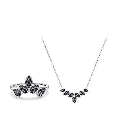 925 Ασήμι Φύλλο Δαχτυλίδι Κολιέ Μαύρο Ζιρκόνια Ένθετο Κομψά Κοσμήματα Μόδας Αξεσουάρ για Γυναίκες Πολυτελές Δώρο