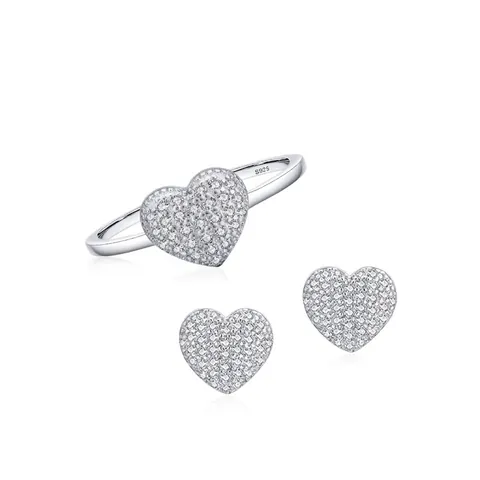 925 Sterling Silver Heart Jewelry For Women Elegant Pave Rhinestone Heart Ring And Stud Earrings Fashion Jewelry Decoration