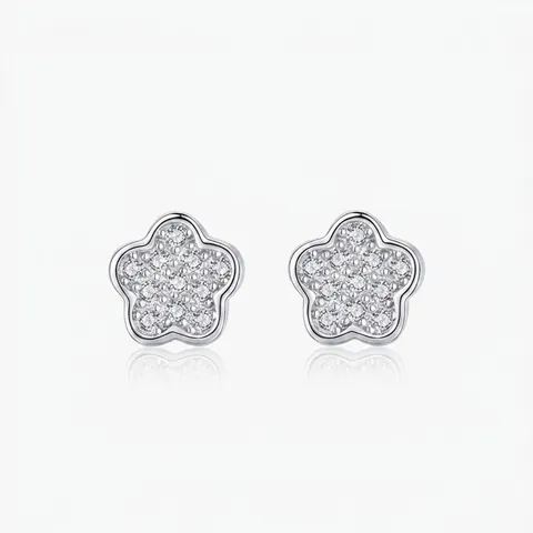 Orecchini a Bottone a Fiore in Argento Sterling 925 Con Micro Intarsio Donna Zirconia Lucida Gioielli Minimalisti