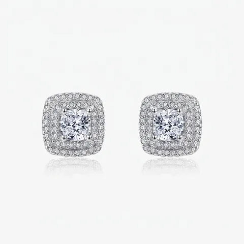 Boucles d'Oreilles Clous Carrées Double Halo en Argent Sterling 925 Luxe pour Femmes Zirconia Brillant Micro-incrusté Bijoux Fins