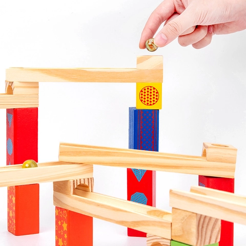 Wooden Marble Run Building Blocks Set Educational Construction STEM Toy For Kids Natural Wood Track Building Bricks Game