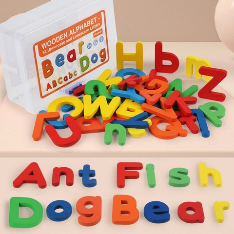 Set di Alfabeto in Legno Colorato Educativo Lettere Maiuscole e Minuscole Con Scatola di Immagazzinaggio Giocattolo per Bambini