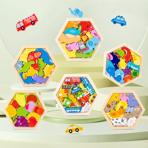Wooden 3D Hexagon Jigsaw Puzzle For Kids Educational Animals Traffic Shape Matching Montessori Toy Brain Training Gift