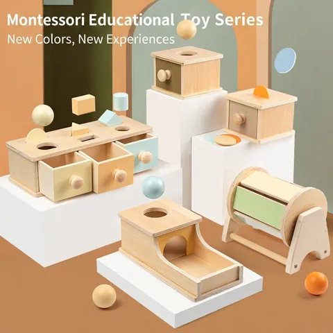 Montessori Holz Lernspielzeug Für Kleinkinder Macaron Farbe Objektpermanenz Box Münzbox Spinnende Trommel Lernspielzeug