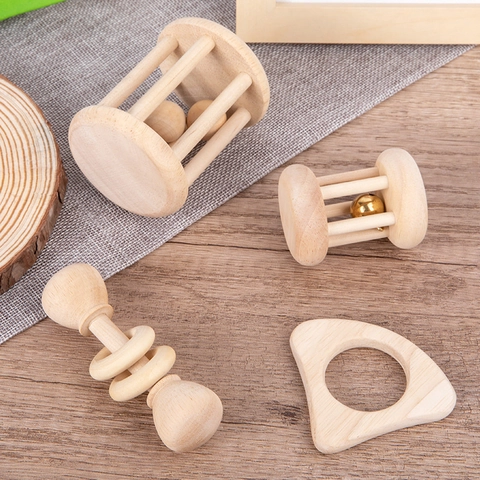 Natural Wood Baby Rattle Montessori Teether Toy For Newborns Sensory Development Smooth Polished Grasping Toys For Infants