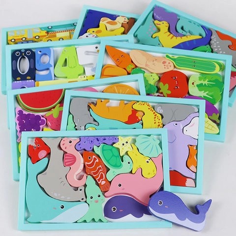 Educational Wooden 3D Puzzle For Kids Cartoon Animal Fruit Vegetable Number Cognitive Matching Board Block Toy Gift
