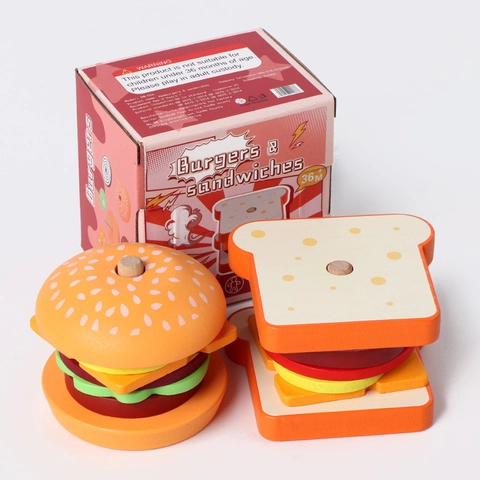 Wooden Simulation Food Hamburger Sandwich Montessori Educational Toy For Kids Pretend Play Kitchen Role Play Game Toy