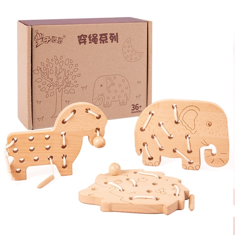 Wooden Lacing Toys For Toddlers Montessori Threading Game Fine Motor Skills Educational Toy Animal Leaf Star Shapes For Kids