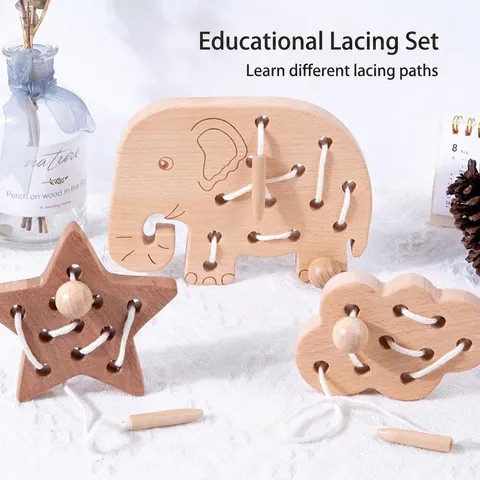 Wooden Lacing Toys For Toddlers Montessori Threading Game Fine Motor Skills Educational Toy Animal Leaf Star Shapes For Kids