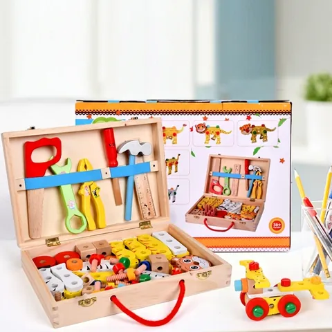 Kids Wooden Simulation Toolbox Kit DIY Assembly Construction Toy Educational Pretend Play Workbench For Boys Girls Gift