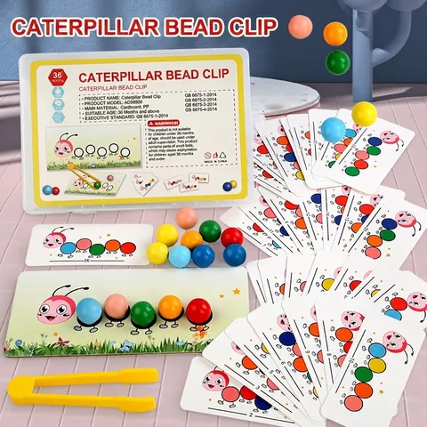 Montessori Wood Caterpillar Bead Clip Toy For Kids Fine Motor Skills Training Color Sorting Logic Early Learning Educational Toy
