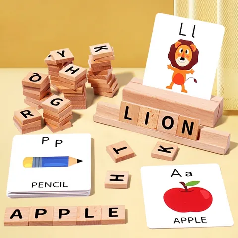 Gioco di Spelling in Legno per Bambini Alfabeto Giocattolo Montessori Educativo Carte per Accoppiamento Parole Kit Apprendimento
