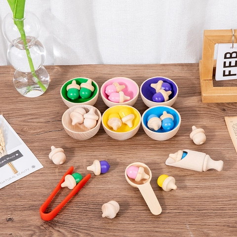Montessori Holz Farbsortierspielzeug Mit Schalen Eicheln Löffel Zange Pädagogisches Zählspiel Für Kinder Kleinkinder Feinmotorik