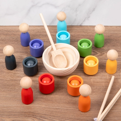 Montessori Wooden Rainbow Sorting Toy Color Matching Game With Peg Dolls Cups Balls Bowl For Toddler Fine Motor Skill Learning
