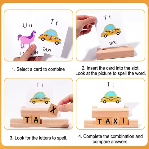 Gioco di Spelling in Legno per Bambini Alfabeto Giocattolo Montessori Educativo Carte per Accoppiamento Parole Kit Apprendimento