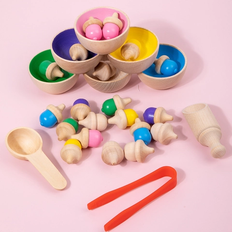 Montessori Holz Farbsortierspielzeug Mit Schalen Eicheln Löffel Zange Pädagogisches Zählspiel Für Kinder Kleinkinder Feinmotorik
