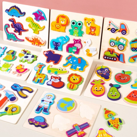 Wooden 3D Geometric Puzzle For Toddlers Early Education Montessori Jigsaw Toys Dinosaur Animal Vehicle Fruit Space Board Gift