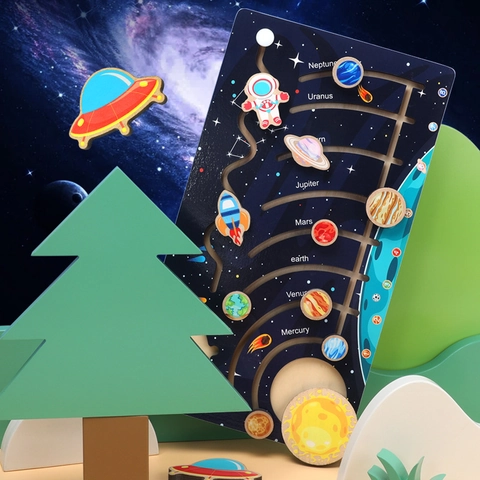 Puzzle a Scorrimento Cognitivo dei Pianeti del Sistema Solare in Legno Giocattolo Educativo di Esplorazione Scientifica per Bambini