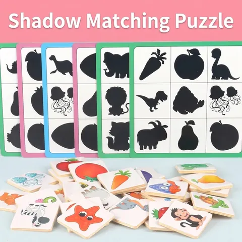 Montessori Shadow Matching Game Wooden Shape Puzzle Educational Toy For Kids Animal Fruit Observation Early Learning Board