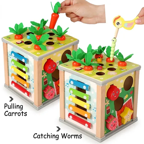 Wooden Educational Busy Cube Six in One Activity Center Montessori Toy with Shape Sorting Xylophone Bead Maze