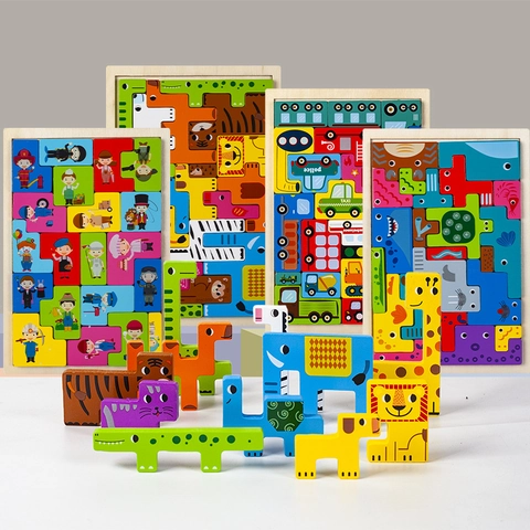 Houten Tetris Montessori Puzzel Voor Kinderen Educatief 3D Dier Transport Bouwstenen Cognitief Leren Speelgoed