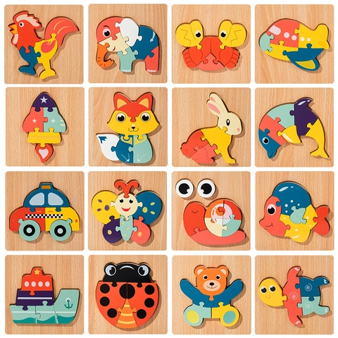 Puzzle 3D in Legno per Bambini Cartone Animato Animali Trasporti Educazione Precoce Montessori Giocattolo Cognizione Geometrica per Ragazzi Ragazze