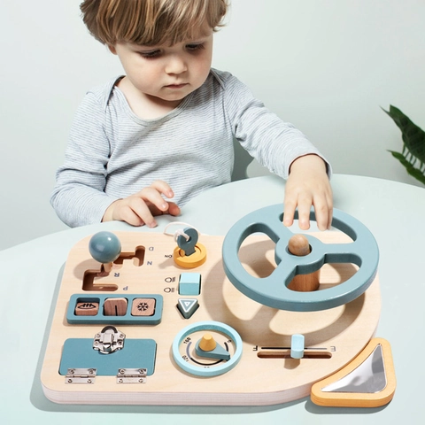 Montessori Volante in Legno Busy Board Giocattolo Educativo Simulazione Guida Cruscotto per Allenamento Sensoriale Pannello Attività Bambini