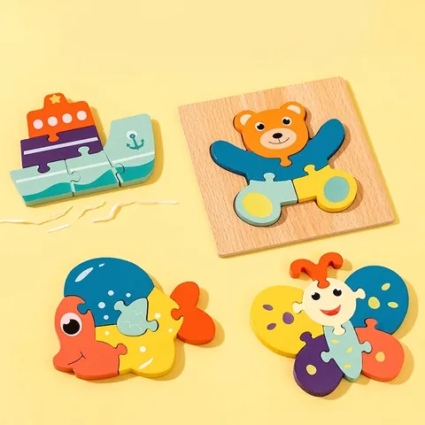 Puzzle 3D in Legno per Bambini Cartone Animato Animali Trasporti Educazione Precoce Montessori Giocattolo Cognizione Geometrica per Ragazzi Ragazze