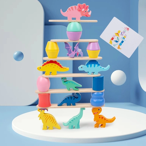 Dinosauro di Legno Che Impila i Blocchi di Equilibrio Giocattolo Montessori Educativo per lo Sviluppo della Coordinazione Occhio-Mano dei Bambini