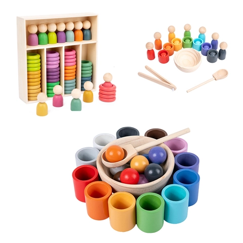 Giocattoli Montessori in Legno per lo Smistamento dei Colori Bambole Arcobaleno Tazze e Palline Gioco Educativo Prescolare per Bambini